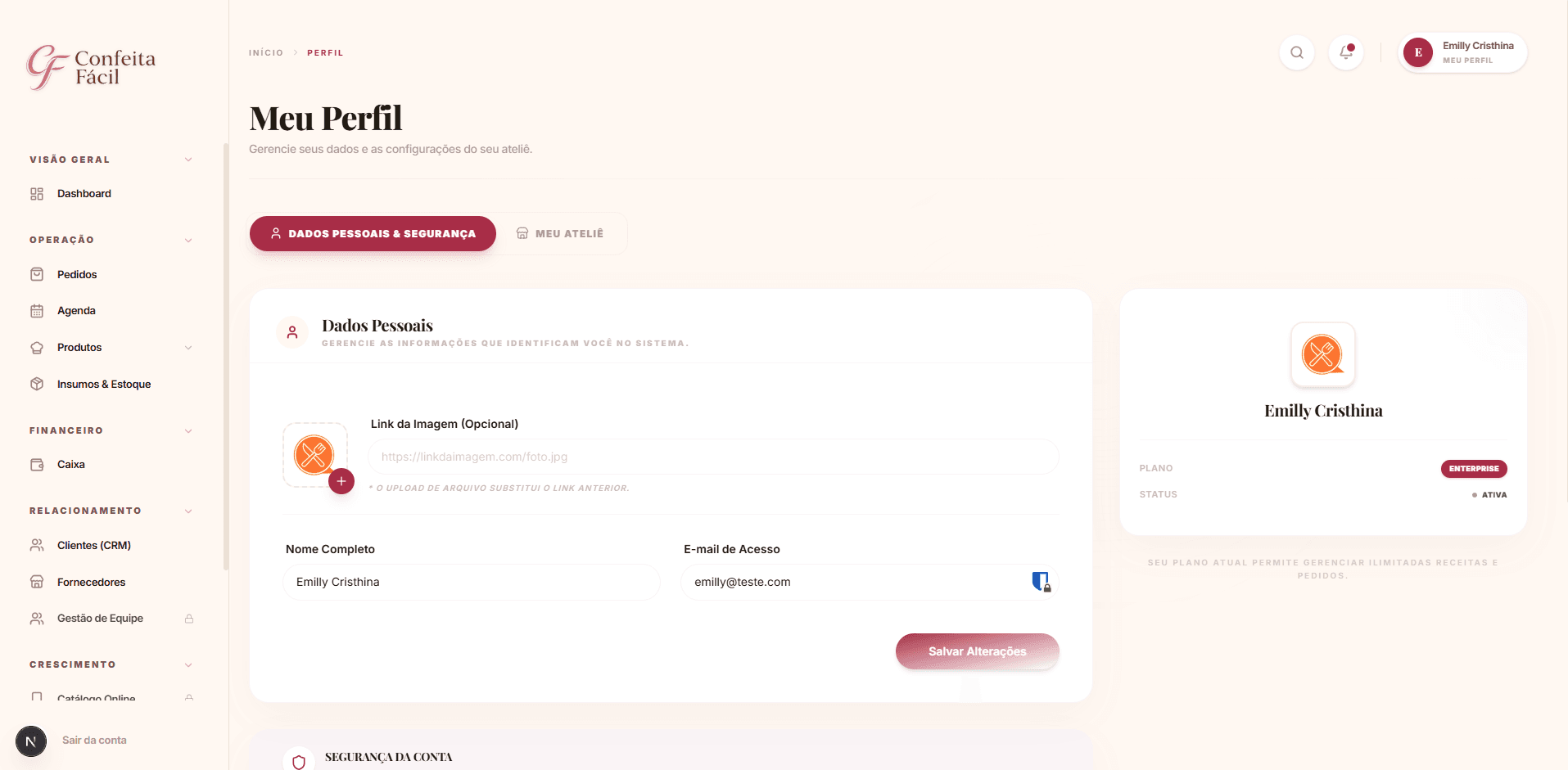 Configurações do Perfil